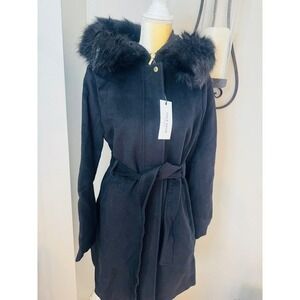 Cole Haan Signature Faux Fur Trim Wool Blend Hooded Jacket, Size 10, Black, NWT
